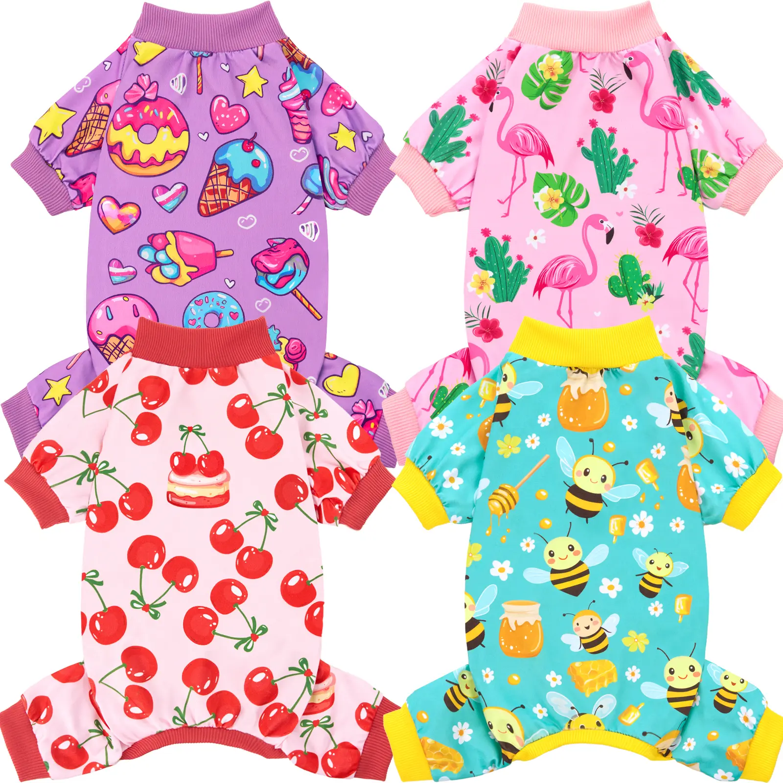 XPUDAC 4-Piece Cozy Fruit & Bee Print Pet Onesie for Small, Medium & Large Dogs & Cats - Soft Material, Elastic Ribbing, Spring-Summervibes Outfits for Pet Lovers sohochic