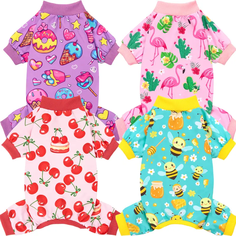 XPUDAC 4-Pack Cozy Fruit & Bee Print Pet Onesie - Soft Fabric, Elastic Ribbing, Spring-Summer Outfits for Small/Medium/Large Dogs & Cats, Ideal for Sleeping Animals Festive Christmas Halloween Gift