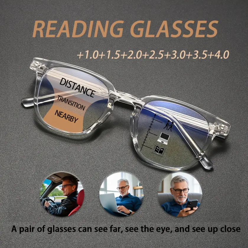 FYTOO Unisex Rectangle Reading Eyeglasses, Transparent Acetate Full Rim Frame, Ultra-Thin & Feather-Light for All-Day Office Use - Model 5312TM