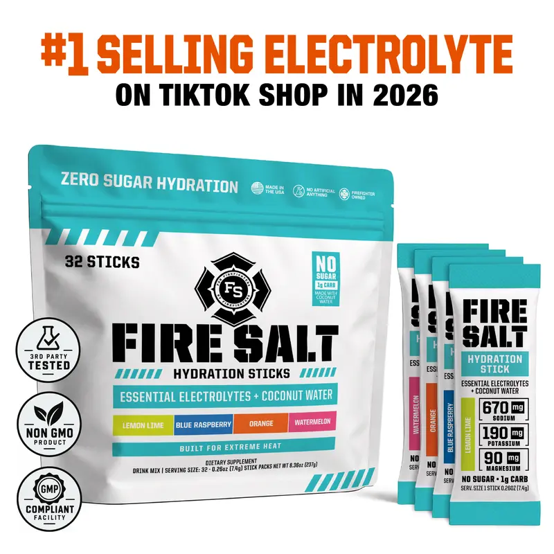 Fire Salt Electrolyte Powder Packets 32-Pack – Zero Sugar Hydration Drink Mix with Coconut Water & 3X Electrolytes – Workout, Recovery, Sauna, Endurance & Outdoors – Keto Friendly, Natural Ingredients, No Artificial Sweeteners