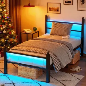 Full Bed Frame with Headboard and Footboard Heavy Duty Steel Slats Support Metal Bed Frame with Charging Station RGB LED Light Multi Function Storage Space