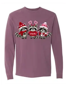 3 Adorable yarn raccoons on a comfort color long sleeve