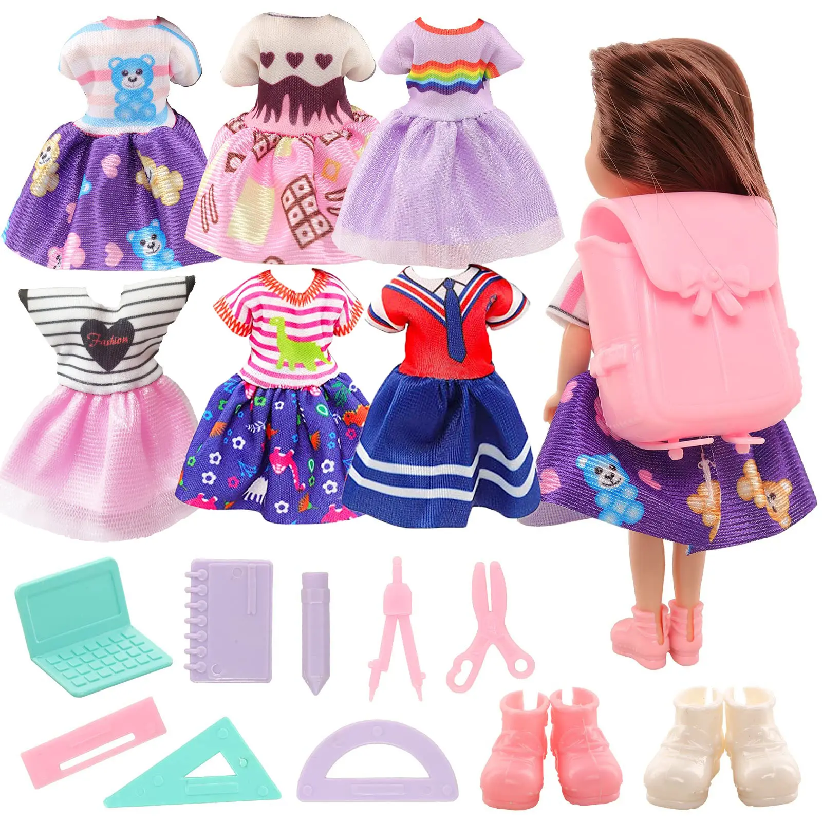 Handmade Craft 16-Piece Soft & Durable Unisex Doll Set Clothing & Shoes Accessories for 5.3-Inch Dolls - 5 Dresses, Backpack, 8 Random-Color Learning Tools, School Toys for Imaginative Play, 16 Pieces