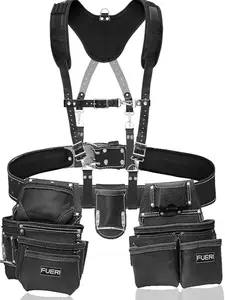 FUERI 19 Pocket Leather Tool Belt with Suspenders,Comes with Padded Belt, Big Pouches, Hammer Holder,Suspender loops and Leather Suspender, Ideal for Construction Workers, Carpenters and Electrician.