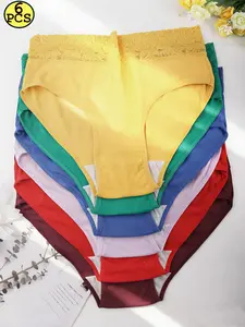 6-piece set of plus size women's threaded cotton underwear, made of comfortable and breathable threaded fabric, with lace decorative waistband design, specially designed for daily wear