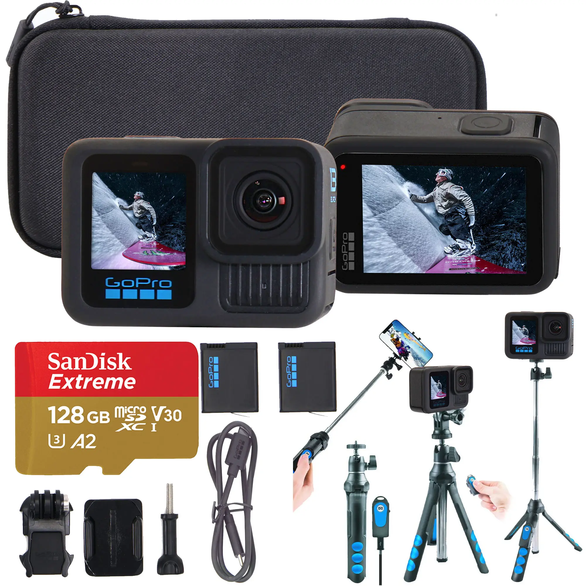 GoPro HERO13 Black Action Camera Bundle with Extra Battery, 128GB microSD Card, Carrying Case + Vivitar 7-in-1 Streaming Essentials Selfie Tripod-Stick with Wireless Remote for Devices