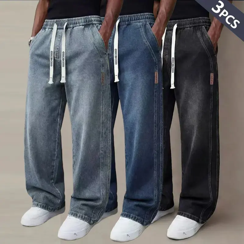 Men’s Vintage Washed Cotton Denim Jeans Set (1/2/3 Mix & Match Pieces), Baggy Loose Straight-Leg 2 Pcs Set Option, Casual Long Pants with Drawstring-Elastic Waist for Everyday Wear & Commuting