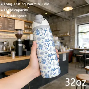 32oz Dual-Use Sports Water Bottle, Hydration Tumbler, Blue Starfish Shell Pattern, 304 Stainless Steel Large Capacity Insulated Cup, Travel Tumbler, Thermo Tumbler, Perfect Gift for Women