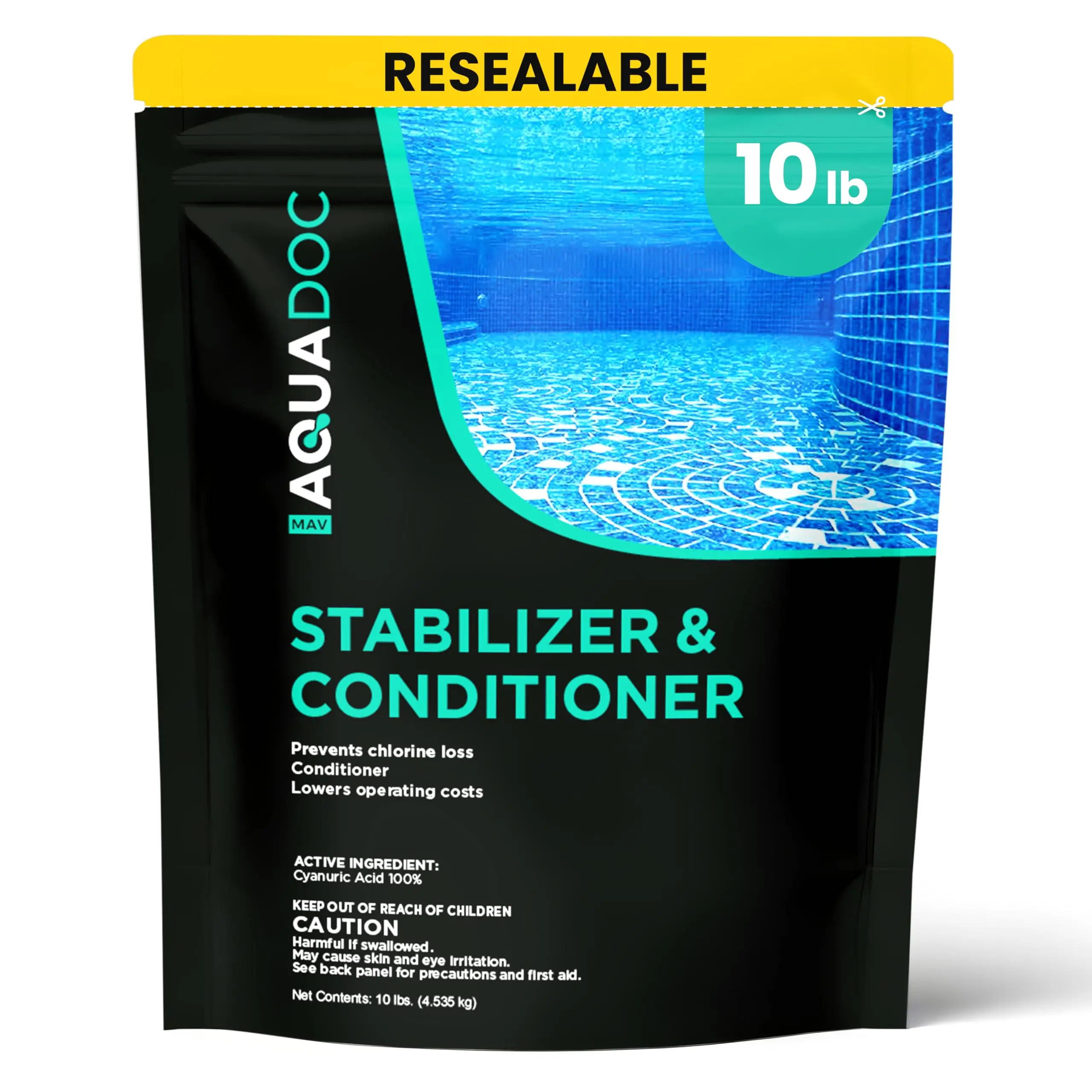 MAV AquaDoc 10 lbs Chlorine Stabilizer and Conditioner - Pool Cleaning Supplies, Safe for All Pool Types, UV Protection, Prevents Chlorine Loss, Maintains Balanced Chemistry, Reduces Chemical Costs, Made in USA