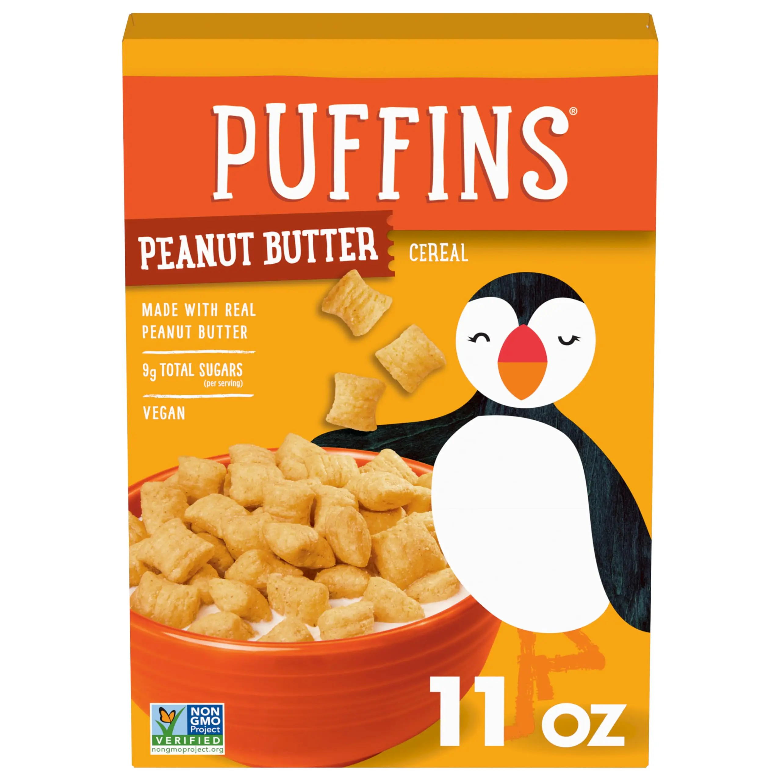 Peanut Butter Puffins Cereal, Puffed Kids Cereal, Peanut Butter Cereal Made With Real Peanut Butter, Vegan, Kosher, Non-GMO Project Verified, 11 OZ Box