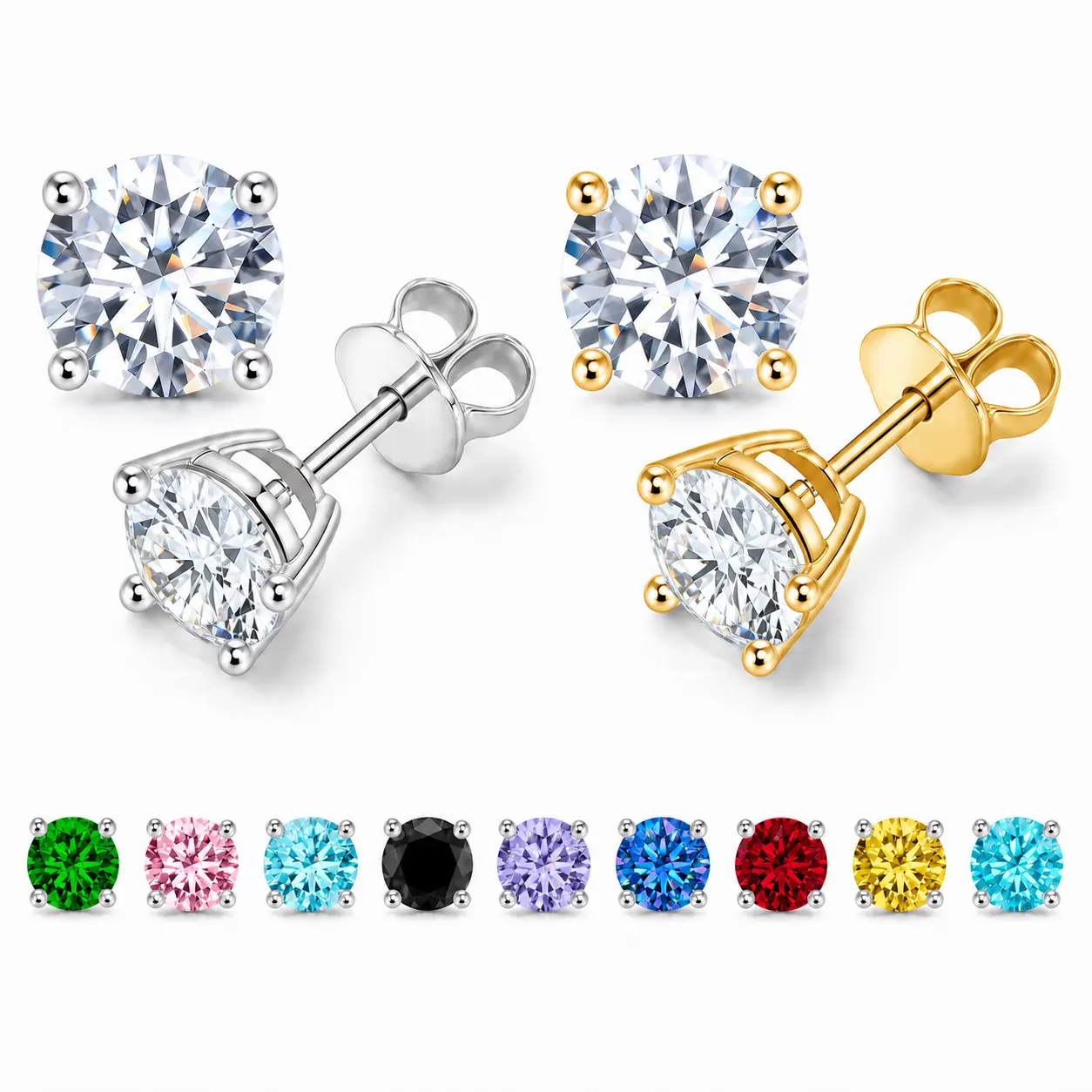 Moissanite Stud Earrings for Women, S925 Sterling Silver Classic Four Prong Solitaire Lab-Created Earrings, Gold Silver Tone Multicolor Birthday Mother's Day Gift