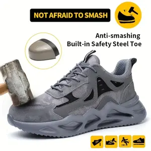 Pair of men’s safety shoes, impact-resistant and puncture-proof, lightweight and breathable with a dense mesh upper; casual, comfortable athletic work shoes