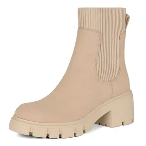 Athlefit Womens Chelsea Ankle Boots Elastic Slip on Lug Sole Platform Chunky Heel Booties Shoes boots  women Footwear Comfort Beige Girl