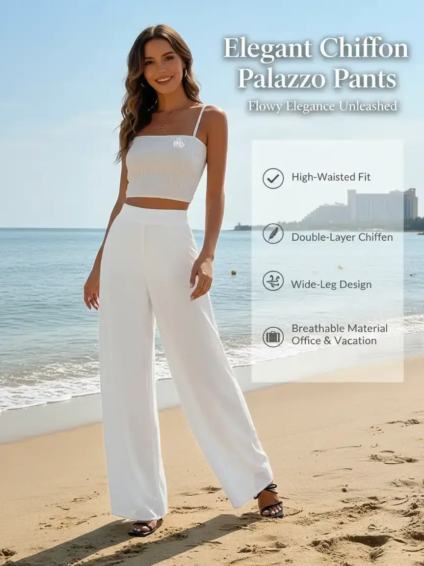 Women's Breathable Elegant High-Waisted Loose-Fit Wide-Leg Chiffon Trousers -   soft stretch,Double-Layer Flowy Palazzo Pants for Vacation, Office Wear