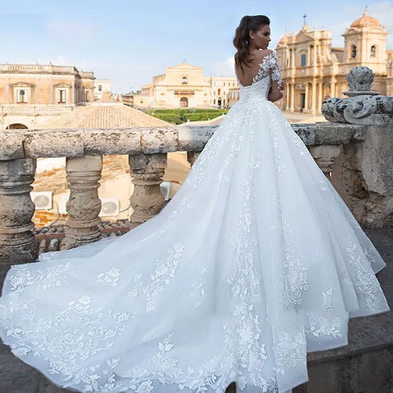 LaceCorsetWeddingDressV-neck NewLargeTrailingWeddingDressVintageSexyTulleLongSleeveWeddingDress