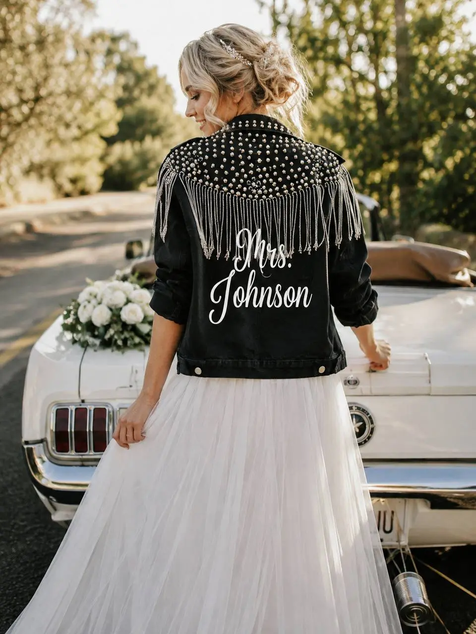 Custom Mrs Bridal Black Stylish Jean Jacket with Fringes