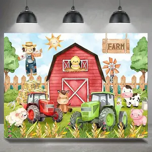 1PC 2D Flat Polyester Farm-Themed Party Backdrop Banner, Reusable Cartoon Animals-Tractor Barn Curtain, Children’s Birthday Party Decoration Photo Background Prop