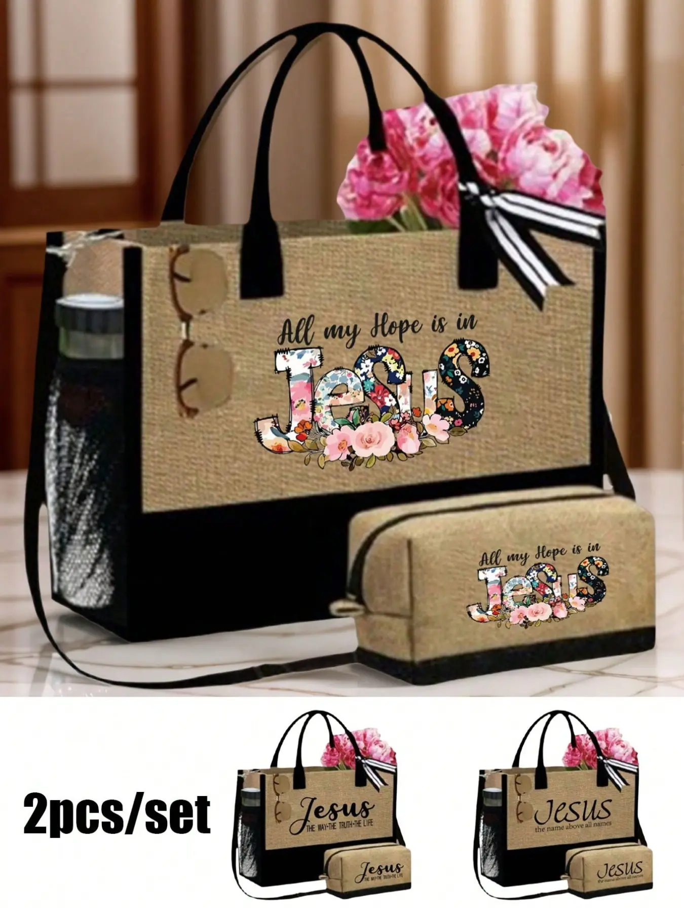 Christian Large Capacity Canvas Handbag with Makeup Bag, Jesus Letter Print Shoulder Bag, Women's Casual Printed Crossbody Bag, Crossbody Tote, Fashionable Casual Bag, Casual Crossbody Bags