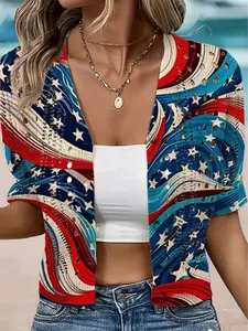 Women's Independence Day Star Print Hollow Out Knit Cardigan, Short Sleeve Casual Sweater, Loose-Fitting Floral Pattern Top