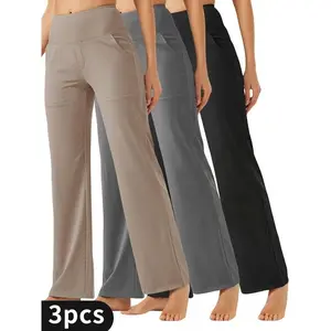 3-piece set of women’s high-waisted straight-leg pants – elastic knit pants with pockets, suitable for work, travel, and spring and autumn leisure GARMENTARY
