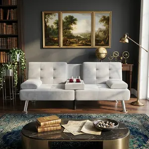 Modern Faux Leather Futon Sofa Bed, Convertible Folding Recliner Sofa With 2 Cup Holders, Adjustable Backrest Lounge Couch, Multi-Functional Guest Bed For Living Room Bedroom Apartment Small Space