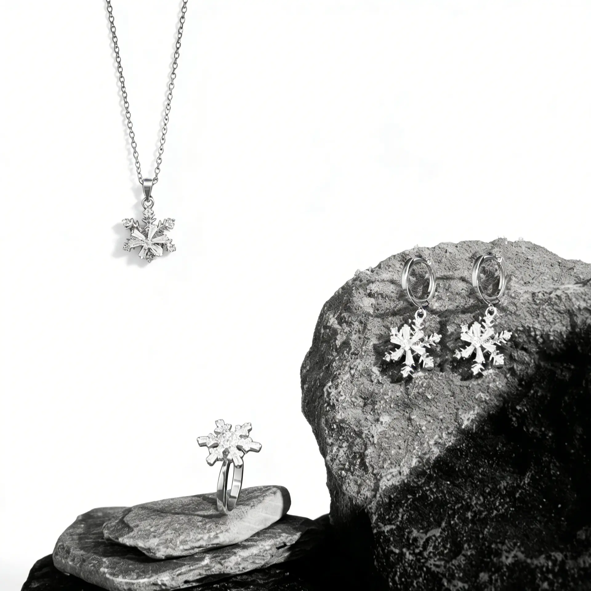 Female Snowflake Box Jewelry Set - Women's Necklace, Earrings, Ring - Sparkling Accessory for Birthday, Anniversary, Daily Wear | Holiday Gift Idea Jewellery Gift Set Chain Jewelry Set