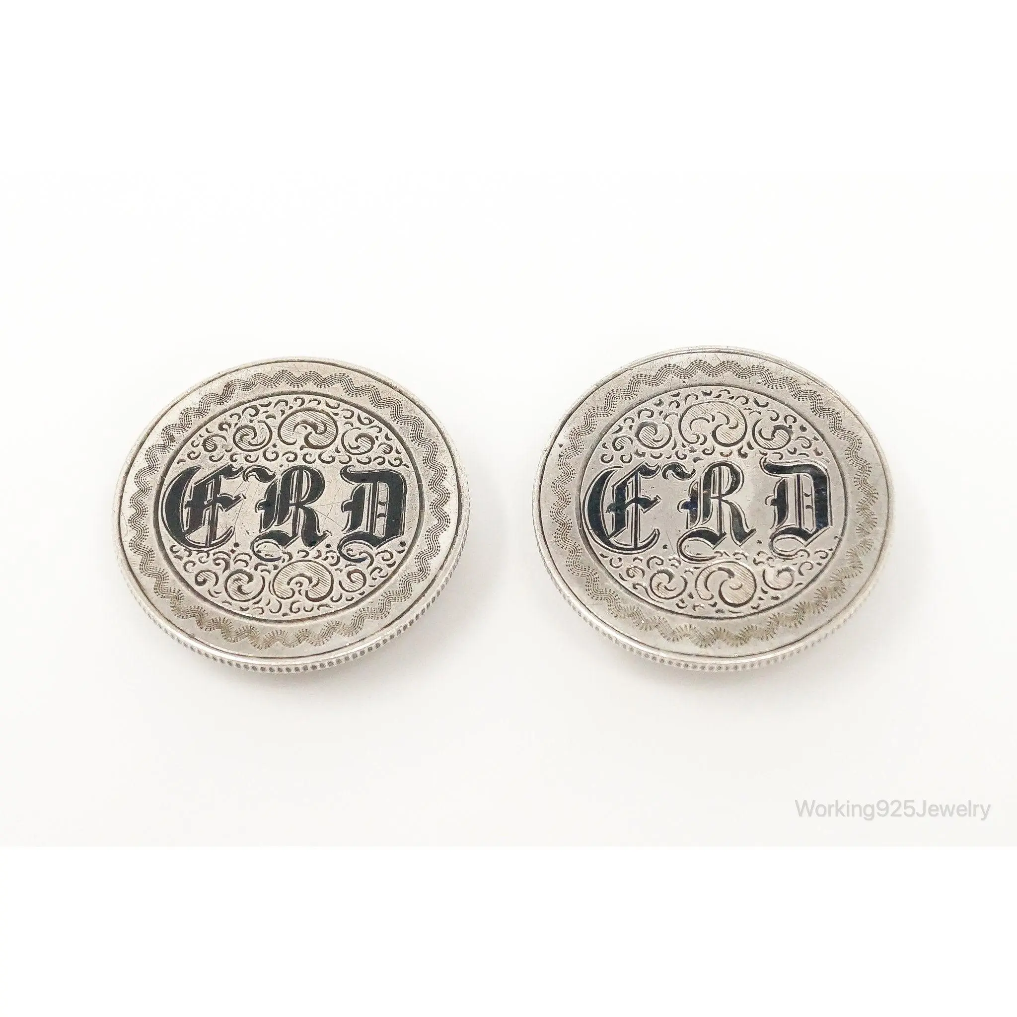 Antique Art Deco Etched Initials Seated Liberty Coin Silver Cufflinks