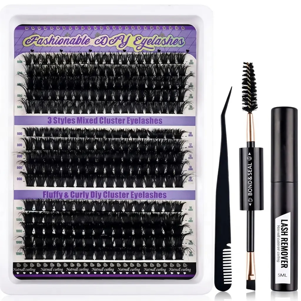 DIY Cluster Lashes Kit, At-Home Lash Extension Set with Bond, Seal, Tweezers, Eyelash Remover, Lash Cluster, False Eyelashes & Adhesives