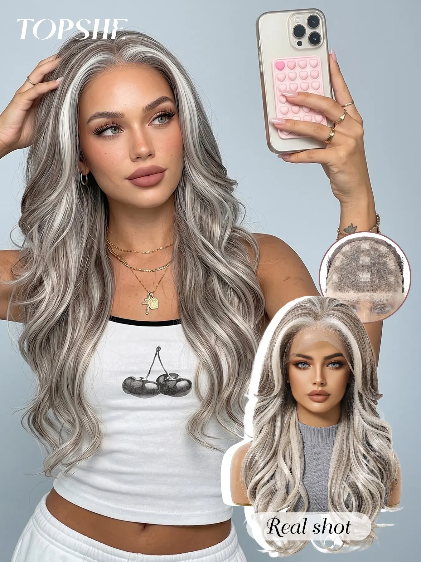Topshe Silver Gradient Curly Lace Wig, Medium Length, No Bangs, All Seasons, Easy Maintenance, Full Head Cap, Party & Daily Use