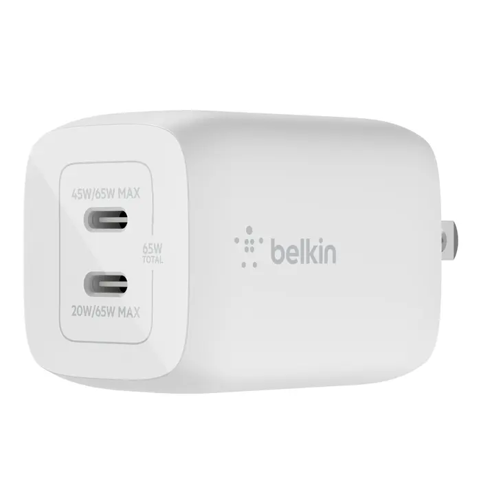 Belkin International WCH013DQWH 65 watt Dual USB-C GaN Wall Charger with PPS - White