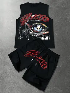 Men's Street Style Cool Eye Sleeveless Matching Set, Eyeball Crossbones Slogan Element, Durable Fabric, Perfect for Theme Events and Daily Wear