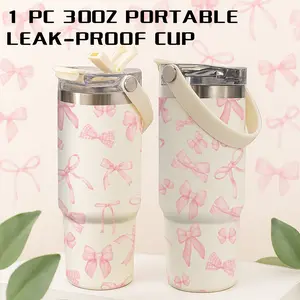 1 Pc 30 Oz Pink Ribbon Bow Vacuum Tumbler with Handle, 2-in-1 Flip Lid, Leak-Proof, Double-Wall Insulated, Easy Carrying, Cute and Fun Style, Keeps Hot 12H/ Cold 24H, Gift for Women, Friends, Teachers, Perfect for Home, Office or Car.