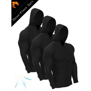 3pcs Quick-Dry Slim Fit Compression Hoodies - Polyester and Elastane Hooded Jackets with Drawstring, Machine Washable, Solid Color - Ideal for Sports, Running, Basketball in Spring/Autumn