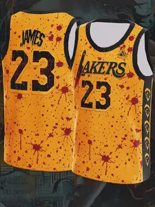 Los Angeles LeBron James #23 x Michael Myers Halloween Edition Basketball Jersey Yellow Blood Splatter Print Breathable Mesh Sleeveless for Fans Horror & Collectors Outdoor quick-drying sports James basketball jersey