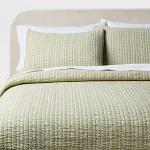 3pc Full/Queen Matelasse Quilt and Shams Set Tinker Stripe Green - Threshold