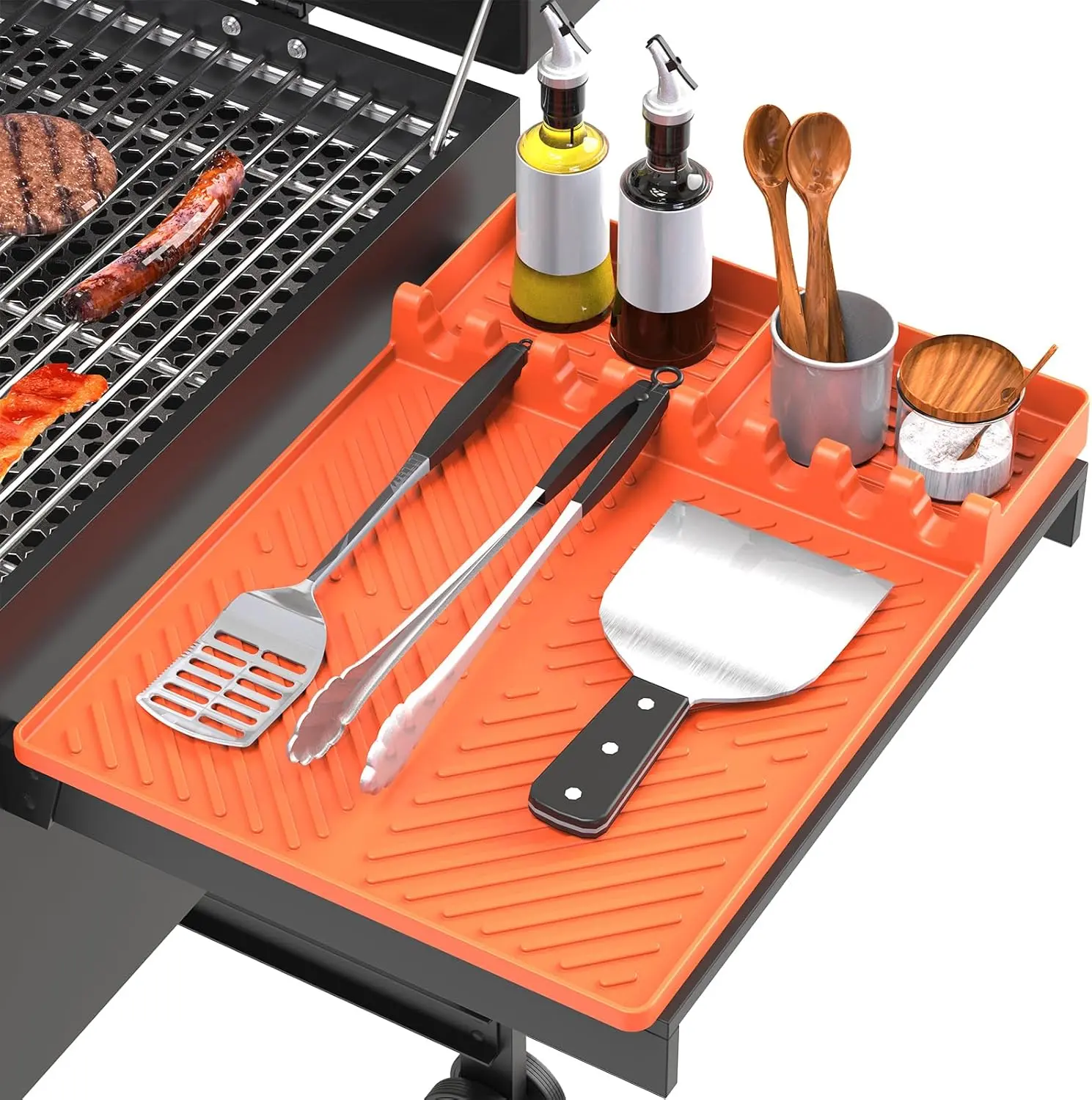 Oil-Proof Silicone Grill Mat Compatible with Blackstone - BBQ Griddle Tool with Drip Pad, Spatula Surface for Outdoor Kitchen Counters, Barbecue Utensil Gift for Men (Orange)
