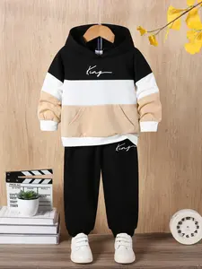 Boys' Casual Colorblock Letter Print Hoodie & Comfortable Fashion Pants Set, Matching Outfit Set, Youth Kits, Clothes Kids, Perfect for Fall Winter Daily Wear Sweatshirts Sweatpants