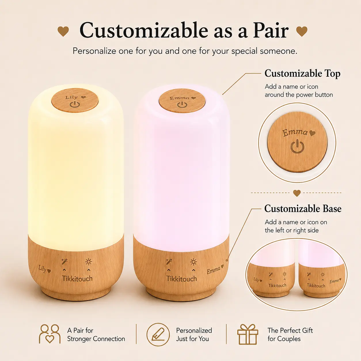 Tikkitouch Custom Edition Touch Lamp - App-Controlled, Wi-Fi/Bluetooth Pairing Decorative Night Light Set, Mood Lighting for Couples/Friends, Stylish Home Décor Gift, Decorative Light, Customizable