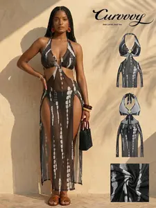 Curvvvy Swim 2026 Women’s Boho 3 Piece Bikini Set, Tie-Dye Swimsuit Set Halter Neck with Skirt Cover Up Summer Vacation Swimwear for Women