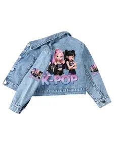 Kids Denim Jacket, Girl's Casual Top, Kpop Print, Heart Border, Short Sleeve, Spring & Fall, Comfortable Fit, Party Wear