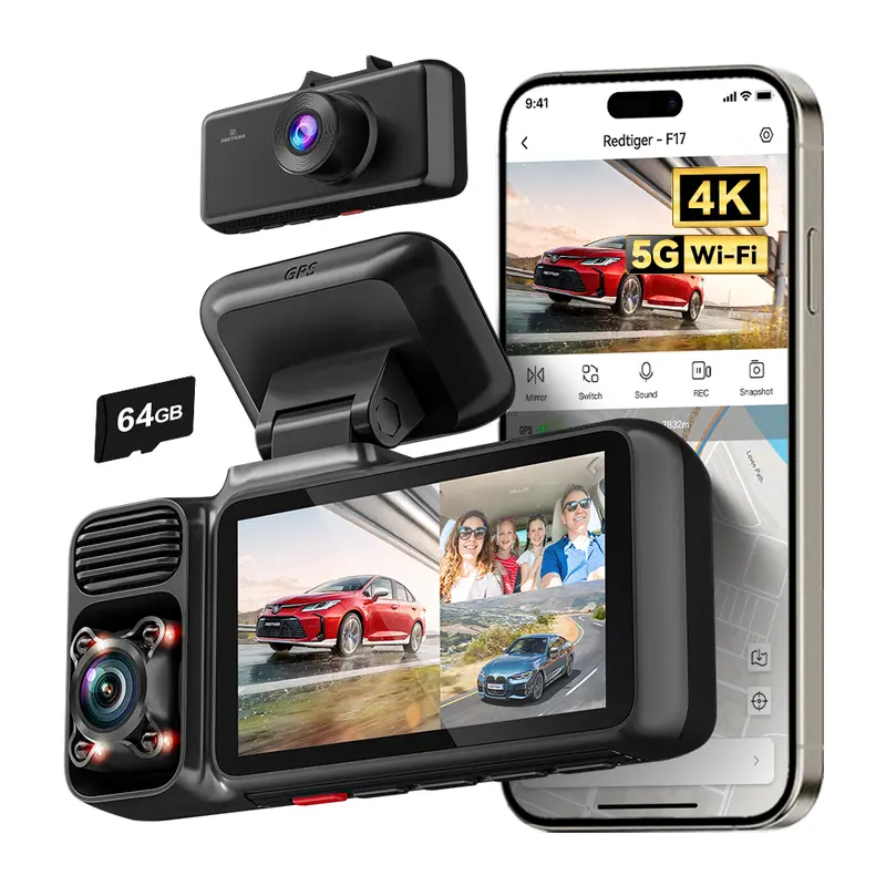 REDTIGER F17 4K 3-Channel Dash Cam with 5GHz WiFi GPS, 64GB Card, 2160P+1080P+1080P Cameras, IR Night Vision, Parking Mode, Fathers Day Gift