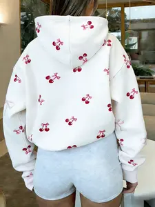 Women's White Cherry & Bow Print Oversized Hoodie, Cute Cozy Long Sleeve Hooded Sweatshirt for Loungewear & Casual Daily