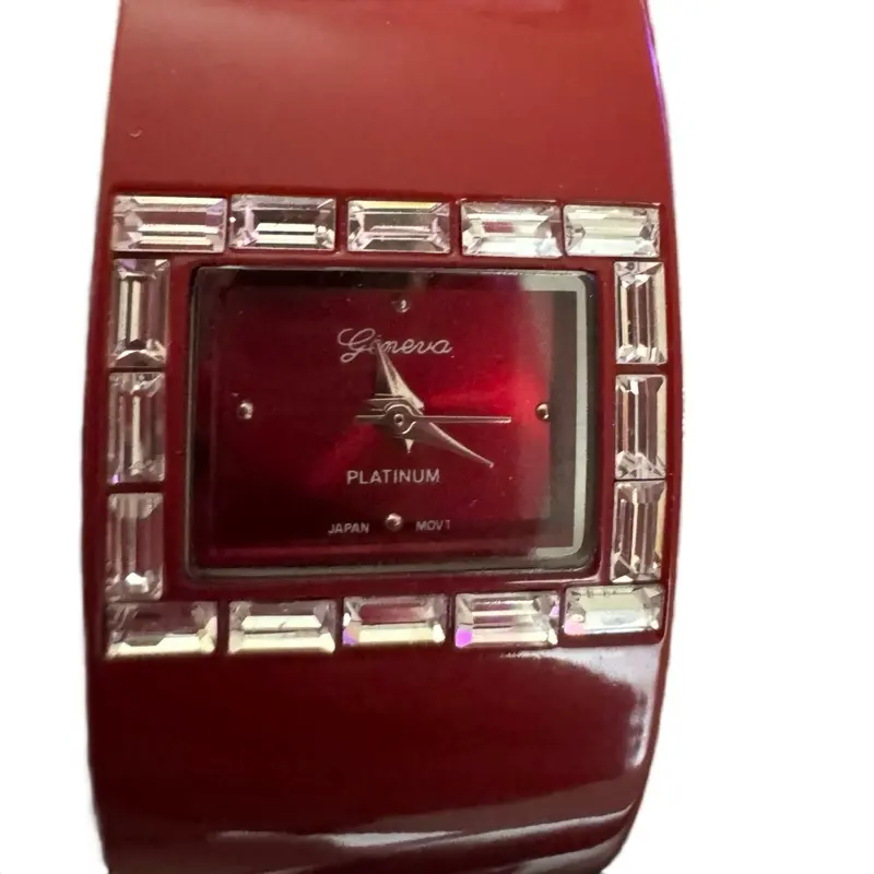 Geneva Platinum Red Square Watch with Crystal Accents