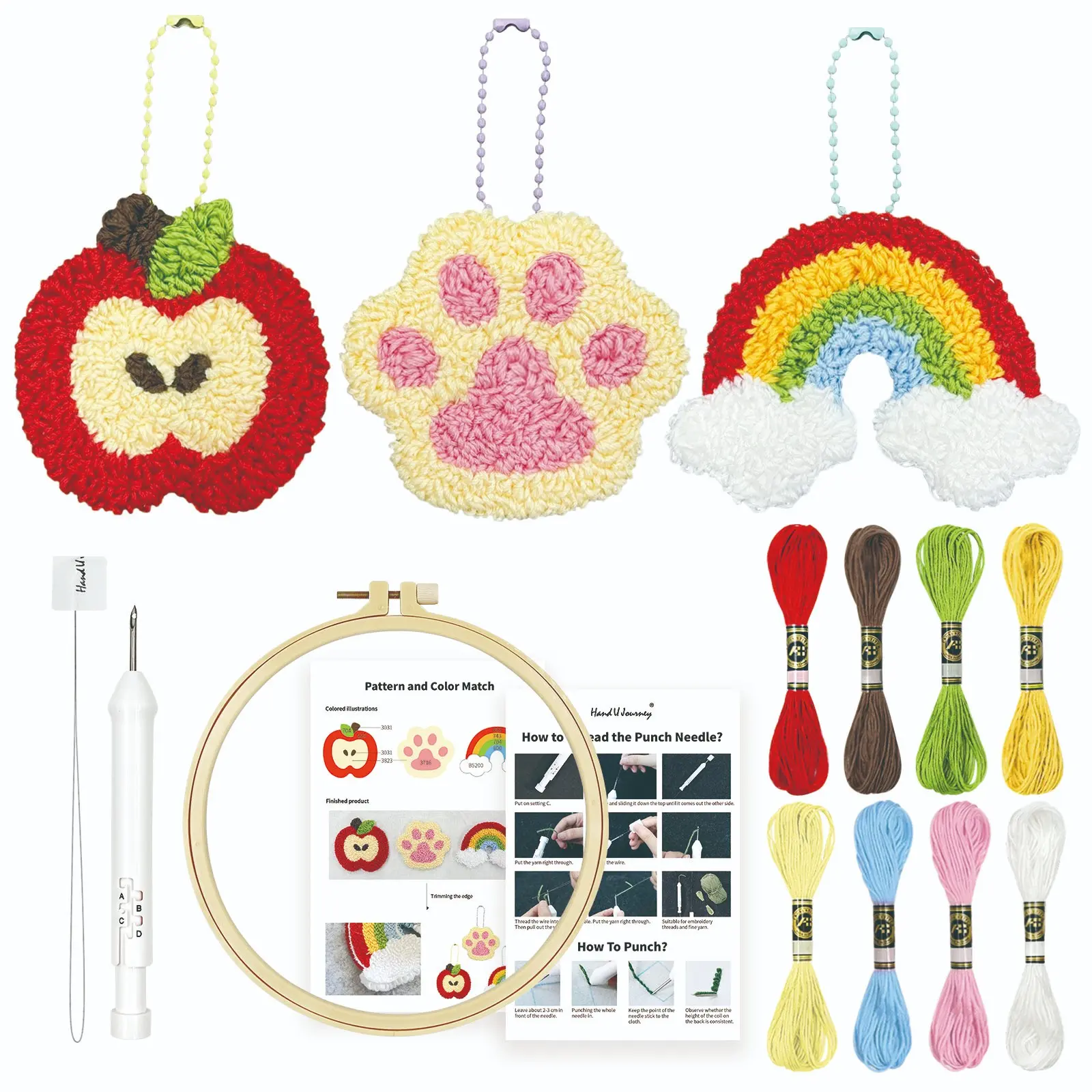 Original Design Embroidery Craft Punch Needle Kits Backpack Charm Set, DIY Kit, Stylish Embroidery Kit, Needle Crafts Kit, Includes 2.2mm Punch Needle, Embroidery Floss, Embroidery Thread, Plastic Hoop, Random Color Chain