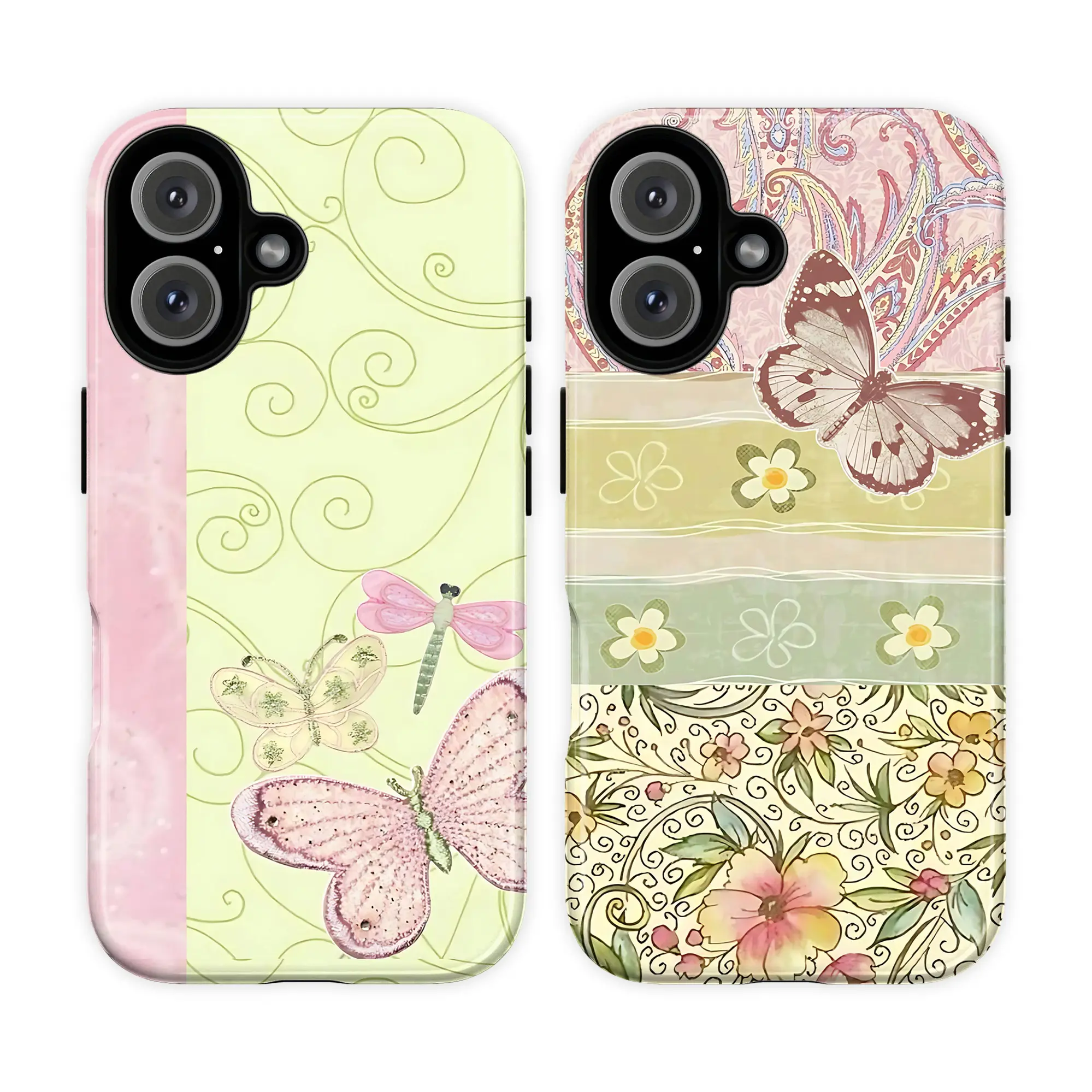 Cute Floral Paisley Phone Case, Vintage Cottagecore Butterfly & Dragonfly Protective Cover for iPhone 11–17 & Galaxy S21–S26 | Retro Fairycore Aesthetic, Coquette Pastel Green Artwork | Y2K Gift for Her