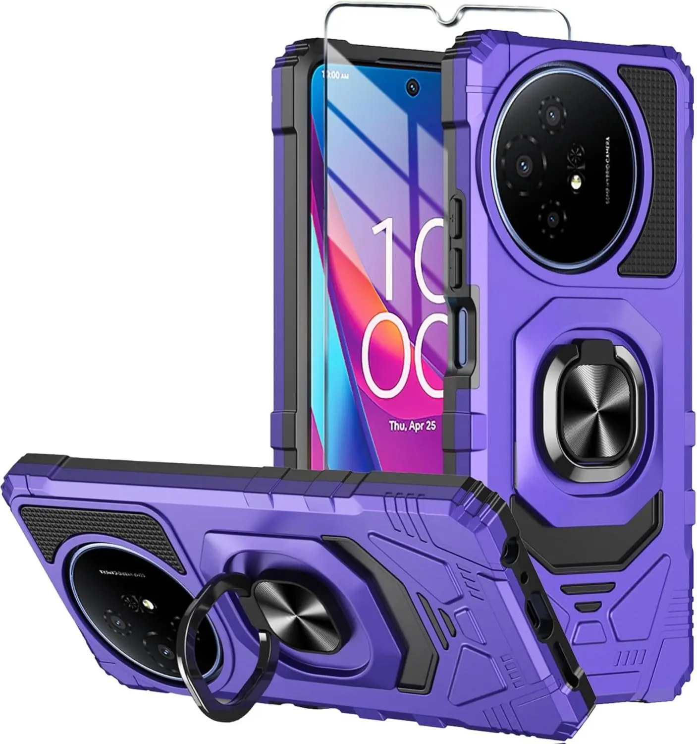 TCL 50 XL 5G Phone Case with Tempered Glass Screen Protector, Military Grade Heavy Duty Shockproof Protective Cover, Ring Kickstand for TCL 50 XL (Purple)