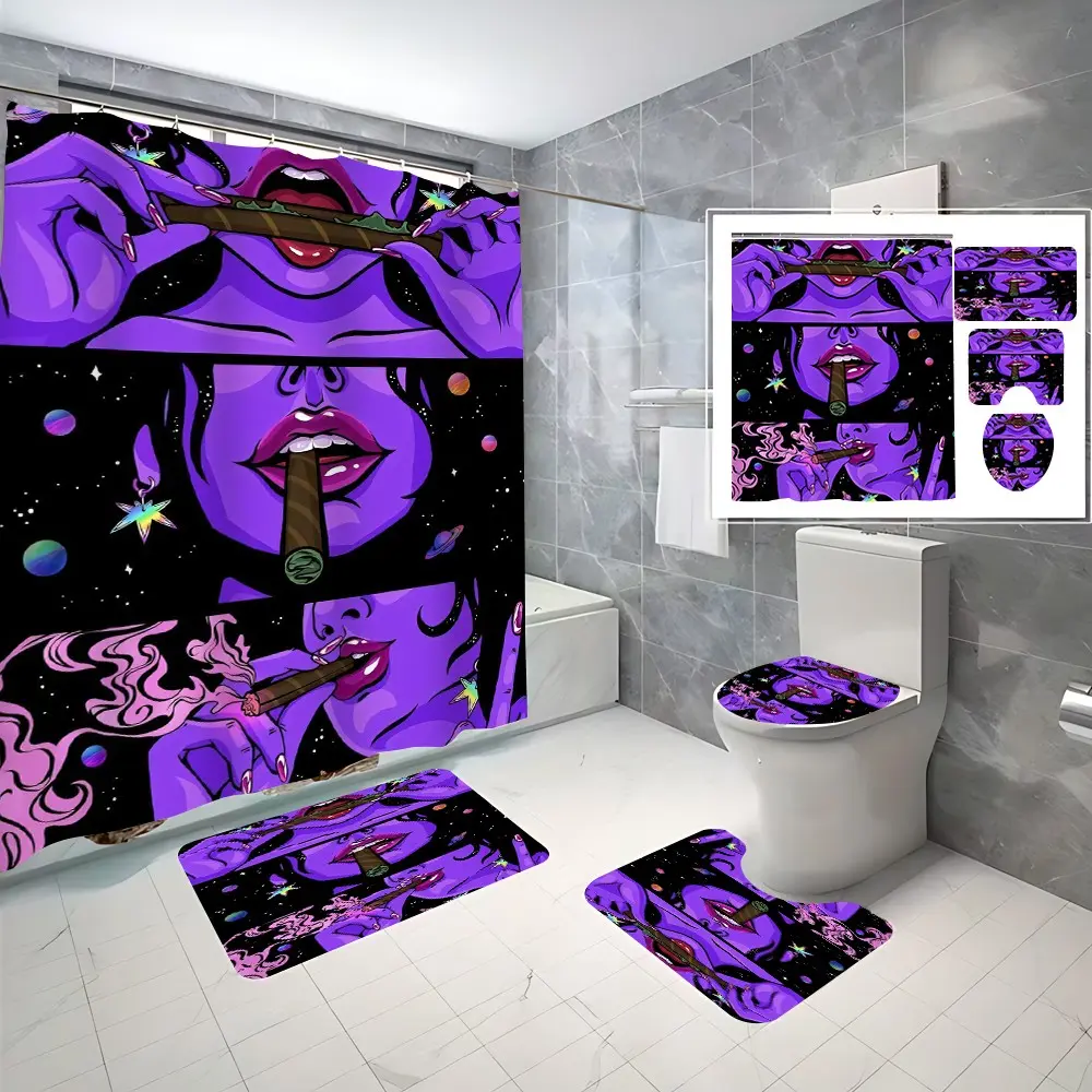 4 Pcs Purple Lips Comic Bathroom Curtain Sets with 12 Hooks,Galaxy Pop Art Large Waterproof Thickened Mildew Proof Bathroom Partition Curtain,Bathroom Shower Curtain,Toilet Lid Cover,Non-Slip Bathroom Rugs and U Shape Bath Mat,Modern Decor