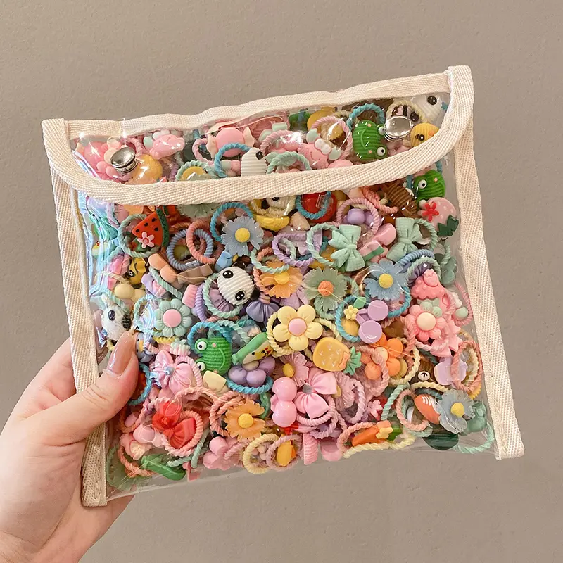 50 Pcs Cute Kids Hairbands Set, Floral Fruit Designs, Elastic Rubber Bands, Random Colors, Perfect for Gifts & Daily Use
