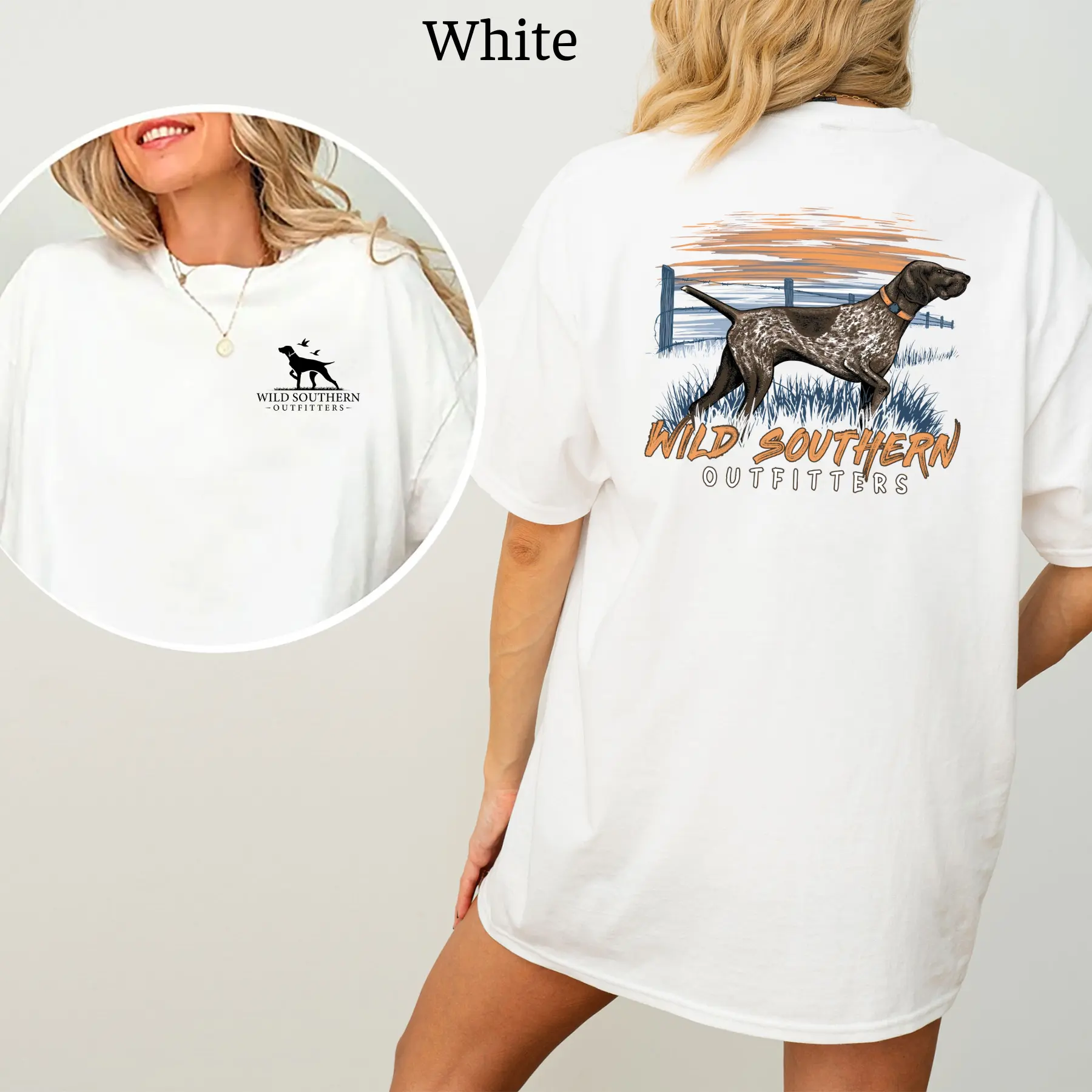 German Shorthaired Pointer Wild Southern 2-Sides T-shirt, Wild Southern Sunset Style T-shirt, Hunting Dog Shirt, Summer Outfitters, Simply Printed Graphic Shirt, Daily Casual Cotton Womenswear