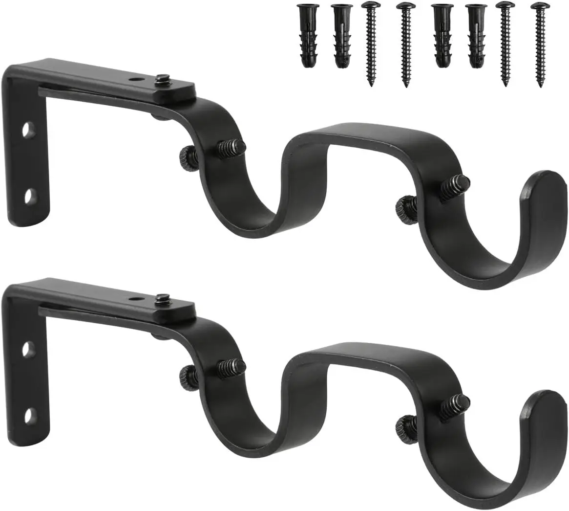 Heavy Duty Curtain Rod Brackets - Adjustable Double Rod Holders, 1 Inch (2 PCS, Black)